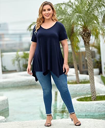 Larace Plus Size Tops For Womens Summer Clothes Short Sleeve Shirts Casual V Neck Tunic Asymmetrical Blouses(Navy Blue 5X) #TOP5