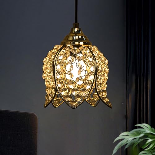 Image of Lotus Crystal Pendant Light Modern Ceiling Fixture, Stylish Home Decor, Warm White, Living Room, Bedroom, Contemporary Design, Decorative Crystal Chandelier (Gold)