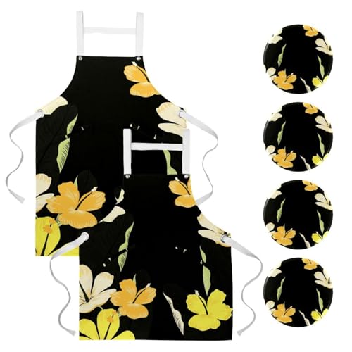 Lot de 2 tabliers de cuisine à motif floral noir tropical pour restauration