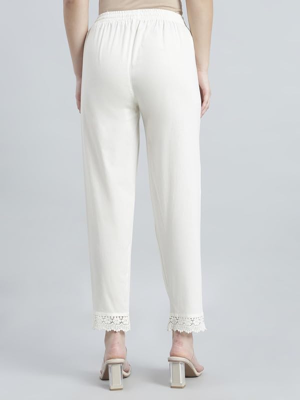 Image of GO COLORS Soft Cotton Lace Pencil Pant Full Length for Women| Mid-Rise, Breathable