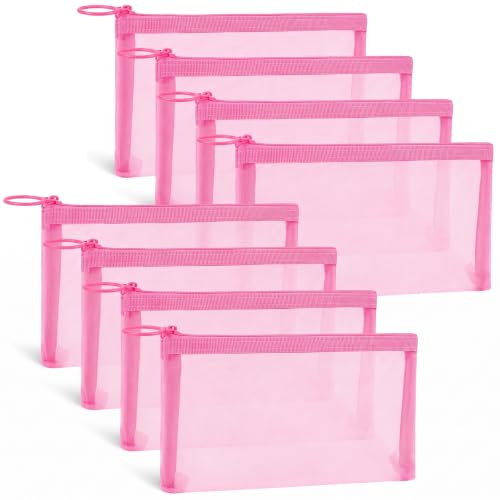 Fassave 8 Pack Mini Zipper Mesh Makeup Bags, Nylon Cosmetic Bags Toiletry Purse Travel Organizer Bags Inside Bag for Office Travel Organization (Widened-Pink, M)