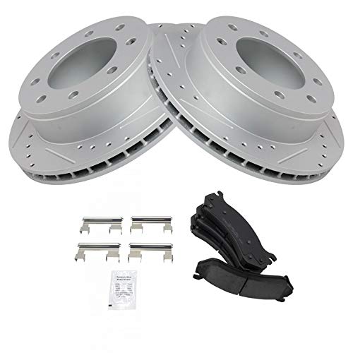 Image of TRQ Performance Rear Brake Pad and Rotor Set Ceramic Drilled Slotted Vented Rotors Compatible with 99-07 Chevrolet Silverado GMC Sierra 1500 HD 2500 00-07 Suburban Yukon XL 2500 03-09 Hummer H2