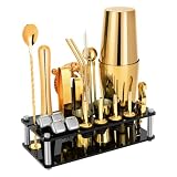 Juego de coctelera de coctelera Boston de 23 piezas, kit de camarero de acero inoxidable con soporte acrílico y folleto de recetas de cóctel, fiesta, color dorado