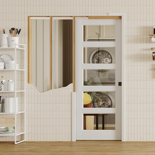 Image of Sliding Pocket Door with Lock, 32 inch x 80 inch, 5-Lite Clear Tempered Glass Pocket Doors with Frame and Hardware Kit Set, Interior Door Slab, White Primed - No Panel Assembly Required