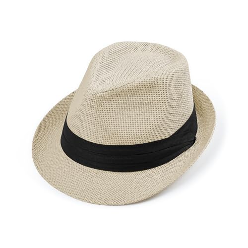 Image of Straw Trilby Fedora Hat for Men Women 1920s Panama Hat Short Brim Summer Beach Sun Hat with Band