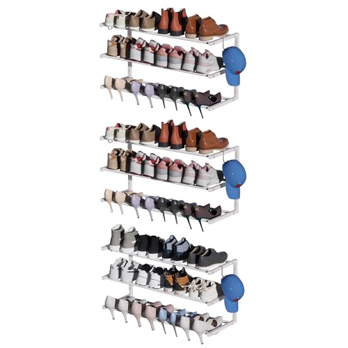 3 Pack Wall Mounted Shoe Rack, 3 Tier Hanging Shoe Rack Holds 36 Pairs, 17"-30"Adjustable Heavy Duty Metal Shoe Organizer Holder with 6 Storage Hooks, Space Saving for Closet Entryway Doorway（White)