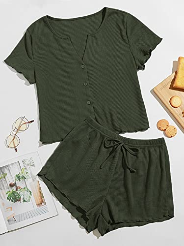 Verdusa Women's 2 Piece Button Down Tee Top And Lounge Shorts Pajama Set Army Green L #TOP2