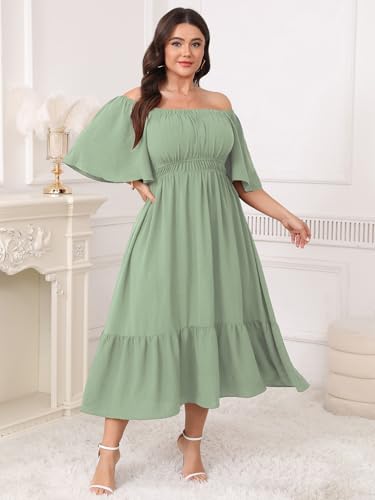 Image of CICIDUDU Plus Size Smocked Maxi Dresses for Curvy Women Square Neck Flowy Casual Summer Wedding Guest Dress
