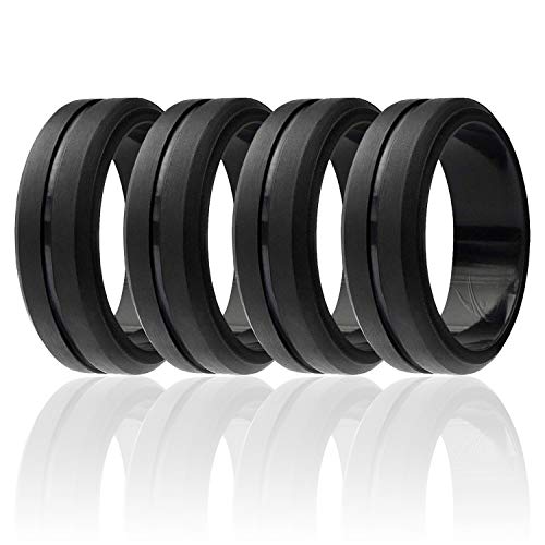 ROQ Silicone Wedding Ring for Men, Set of 4 Elegant, Affordable Silicone Rubber Wedding Bands, Brushed Top Beveled Edges -4 Pack Black - Size 10