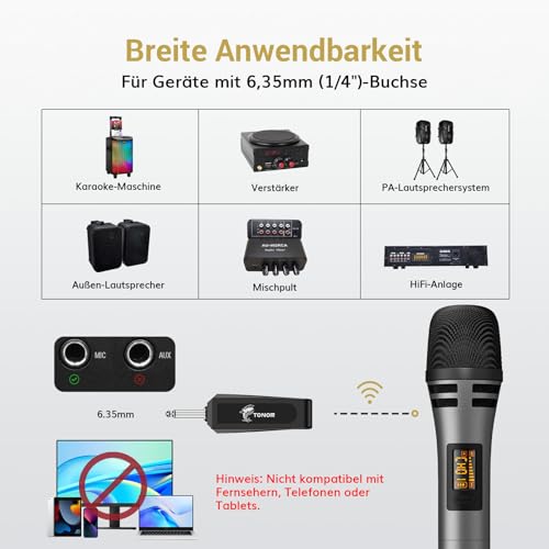TONOR Mikrofon kabellos, drahtloses Funkmikrofon Wireless Microphone Handmikrofon dynamisch mit wideraufladbarem Empfänger für Verstärker PA Anlage Karaoke Hochzeit Party Konferenz Vortrag TW320 Grau