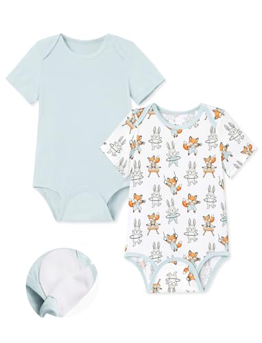 PATPAT Bamboo Viscose Baby Bodysuits 2 Pack, Easy Swap Design (No Snaps/Zippers) - Short Sleeve Newborn Infant Boys Girls, Quick Diaper Change Clothes Gym Friends 3-6 Months