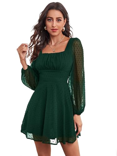 Image of Women's Polka Swiss Dots Square Neck Dress Lantern Long Sleeve Dress for Women Chiffon Mini Dress