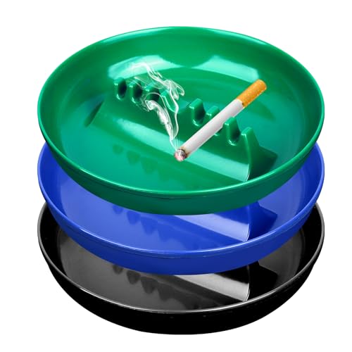 BESUPERT 3Pcs Assorted Colors Ashtray Sets Ash Tray for Cigarettes and Cigar Round Large Size Plastic Ashtrays for Indoor Outdoor Home Office Patio Restaurant Bar Hotel Use (1 Black 1 Green 1 Blue)