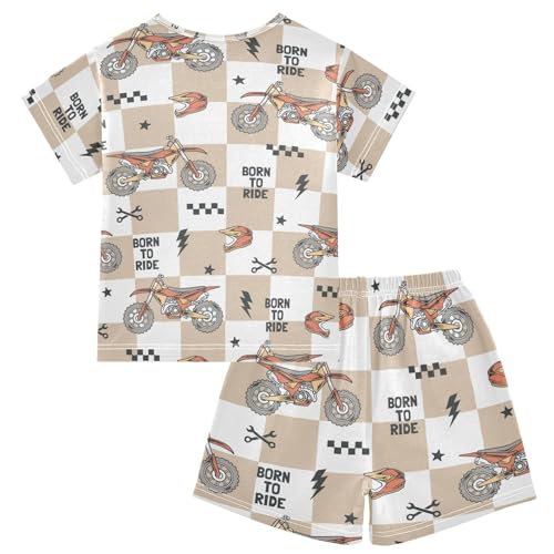 Pajama Short Sets Checkered Pattern with Dirt Bikes Soft Cotton Summer Sleepwear 2 Piece PJS Size 5-14T2