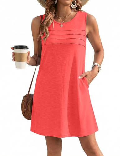 Ekouaer Womens Swimsuit Cover Up Pleated Front Bathing Suit Coverups 2026 Casual Tank Beach Dress with Pockets S-2XL Orange Pink