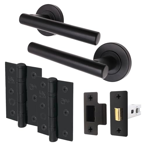 EAI Black Door Handle Latch Set | Round T-Bar Internal Door Handles, Latch (64mm), Hinges (76mm)| Matt Black Lever on Rose | Oliena Range