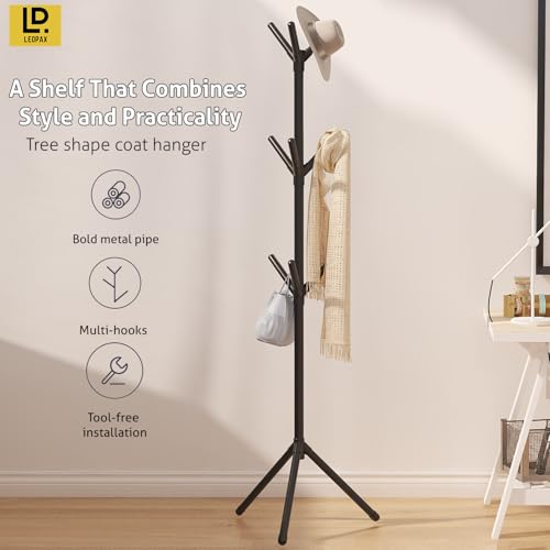 Image of LEOPAX Metal Premium Coat Rack Freestanding Tree Shape Coat,Towel, Hat Stand With 9 Hooks for Livingroom, Bedroom, Hallway - Black - Use Light Weight Clothes, 46X46X170 Cm