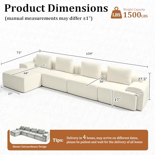 Image of 159 inch L Shaped Oversized Boneless Couch, Comfort Cloud Sectional Couches for Living Room, Modular Sofa High Back & Extra Deep Seat, No Assembly, Chenille (Warm White, 159 inch-L Shaped(4+1))