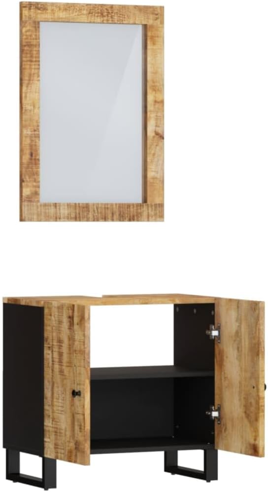 Brown Solid Mango Wood Bathroom Vanity Cabinet Set, 24.4" Rustic Farmhouse Style Furniture with Plane Mirror & Storage Shelf for Daily Grooming