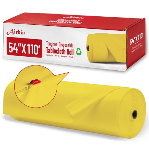 Image of Plastic Table Cloth, 110 Ft X 54 In Plastic Table Cloth Disposable Yellow Table Cloths with Any Cut Sliding Cutters Premium PEVA Disposable Tablecloth for Picnics, Parties, Birthdays, Festivals