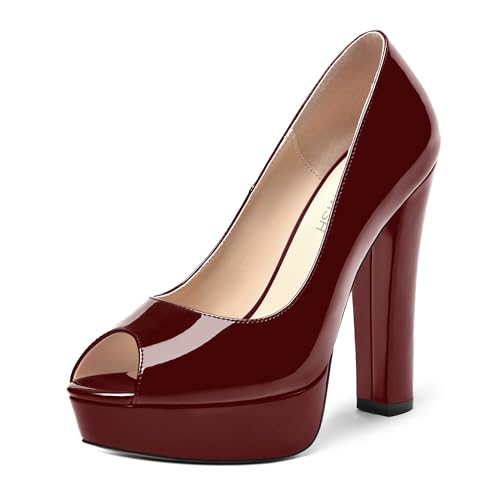 ROSERWISH Womens Peep Toe Patent Slip On Comfortable Night Club Sexy Block High Heel Pumps Shoes 5 Inch