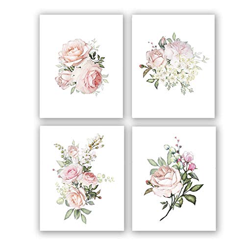 Tanxm 4 Set - Pink Rose Canvas Painting Flower Wall Art,Modern Wall Decor Bathroom Living Room Girls Bedroom - No Frame,8"X10" #TOP9