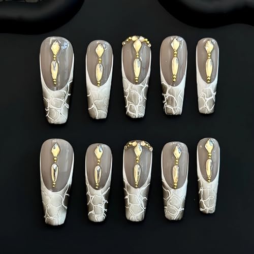 Handmade Press on Nails - Nude Color with French Snakeskin Pattern, Inlaid with Gold Rhinestones Long Coffin Style Acrylic Fake 