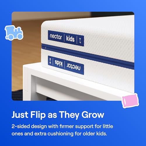 Image of Nectar Kids Full Mattress 8 inch - 2-Sided Design for Growing Children Ages 3-12+ - Pressure Relieving Memory Foam - Fiberglass Free - 365 Night Trial - Mattress in a Box