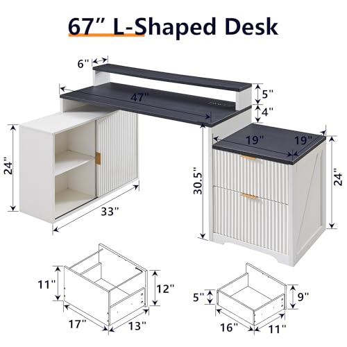 Image of 67 inchFluted Desk with Cabinet & 2 Drawers, Modern Office Desk Built‑in Outlet | Wood Home Office Desk, storage cabinet with sliding doors, Fluted Computer Writing Desk, Antique White