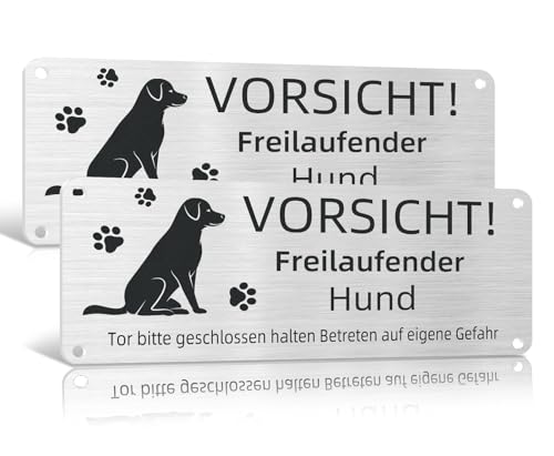 Achtung Hund Betreten auf eigene Gefahr Schild Warnung vor dem Hund, Warnschild, Aluminium, Selbstklebend, Vorgebohrte Löcher, 25x10cm