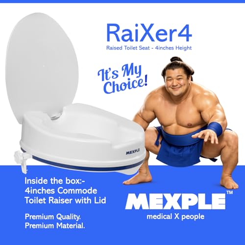Image of MEXPLE RaiXer4 Raised Toilet Seat Raiser Elevator (4 Inch) (5 Years Warranty) | Plastic Commode Seat Extension | Tool Free Installation | For Handicap, Knee Patients, Old Senior Citizen - White
