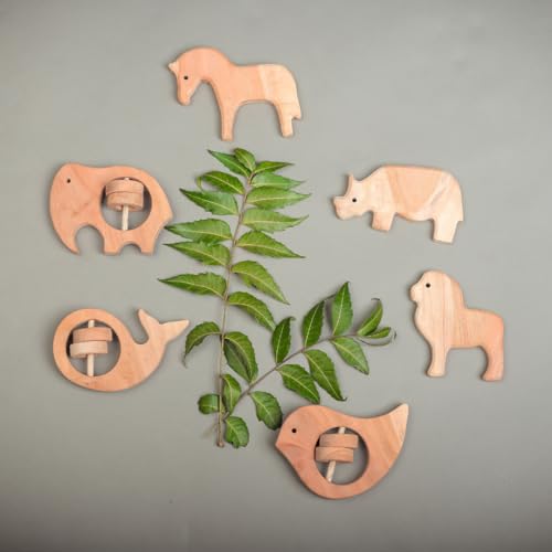 Image of Natural Neem Wood Baby Teether - Handmade Animal Shape Wooden Toy - Non-Toxic, Organic Chew Aid for Teething - Safe for Gums - Biodegradable, Eco-Friendly Gift for Infants & Toddlers (Neem Wood Baby Teether Set -6)