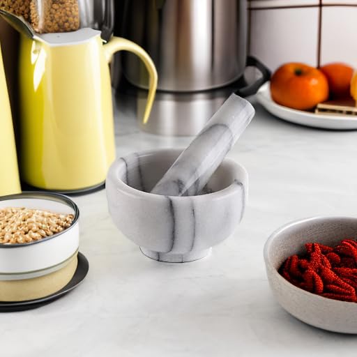Greenco Mortar and Pestle Set, White Marble Stone Mortar and Pestle Grinding Bowl, Small 4.5 Inches, Kitchen Essential for Spices, Guacamole and More