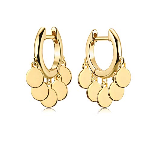 Myears Women Gold Huggie Hoop Earrings Round Sequins Disc Coin Tassel Dangle Drop 14K Gold Filled Small Boho Beach Simple Delicate Hypoallergenic Jewelry Gift #TOP18
