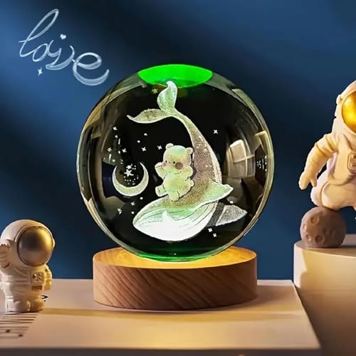 Image of Hamsa Crystal Ball Night Light - 2.4 Inch 3D Dolphin with Teddy Bear LED Lamp with Wooden Base | Gift for Women, Men, Kids | Decorative Bedside Light | Valentine & Birthday Gifts