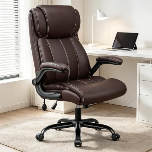 Image of Ergonomic Office Chair, High Back Executive Leather Desk Chair | Inflatable Lumbar Support for Back Pain Relief, Heavy-Duty Computer Desk Chair for Long Workdays, Flip-Up Armrests, Coffee