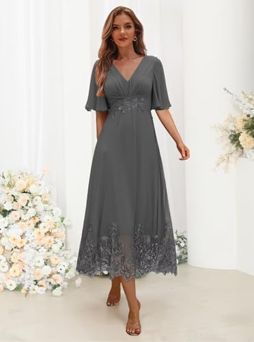 RSOETOO Tea Length Mother of The Bride Dresses for Women Lace Beaded Formal Evening Mother Groom Dress with Sleeves RO3484