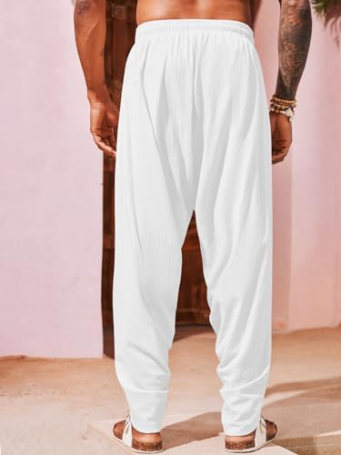 Runcati Mens Linen Harem Pants Casual Elastic Waist Pants Baggy Boho Yoga Hippie Summer Beach Kurta Dhoti Trousers3