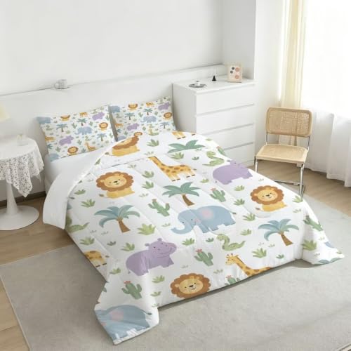 Image of Wild Animal Comforter Set Full Cartoon Animal Quilt Set for Boys | Cartoon Lion Elephant Giraffe Bedding Set, 3 Pcs Kids Girls Boys Jungle Comforter Set, Lightweight, Machine Washable