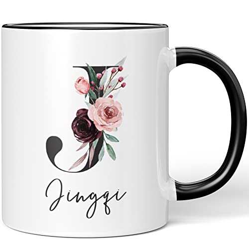JUNIWORDS Tasse, Jingqi, Name Anfangsbuchstabe Initial Alphabet Floral Buchstabe J Monogramm Motiv, Schwarz (5577111)