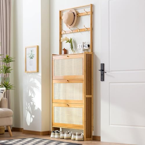 Armoire mince à chaussures pour couloir encombré solution gain de place en bambou 3 tiroirs