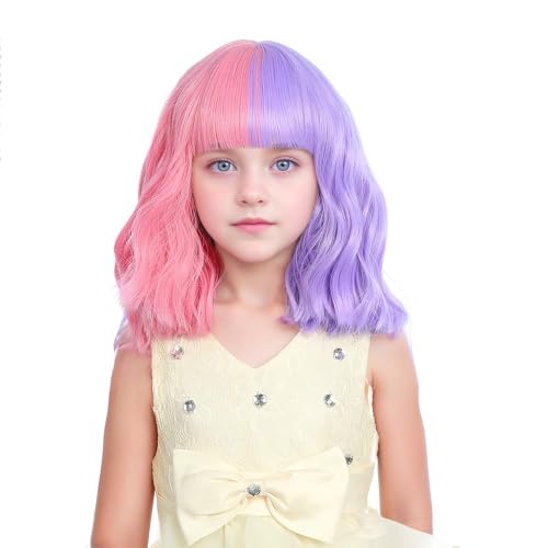 Image of Child Purple Pink Wig Kids Short Half Purple Half Pink Wig With Bangs Girls Wavy Curly Wigs for Halloween Cosplay