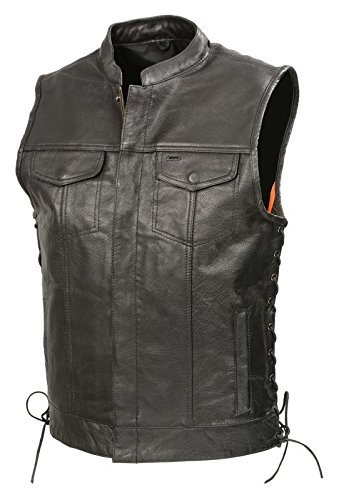 Mens SOA Leathe Club Style Vest W/Concealed Gun Pockets, Side Lace, Premium Buffalo Leather Biker Vest, Patches Friendly (Black, S)