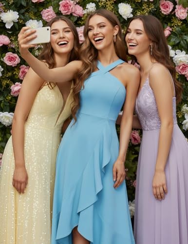 Image of Bbonlinedress Halter Cocktail Women Dresses Prom Formal Wedding Guest Bridesmaid Ruffled Maxi Hi-Lo Evening Party 2026 Dress