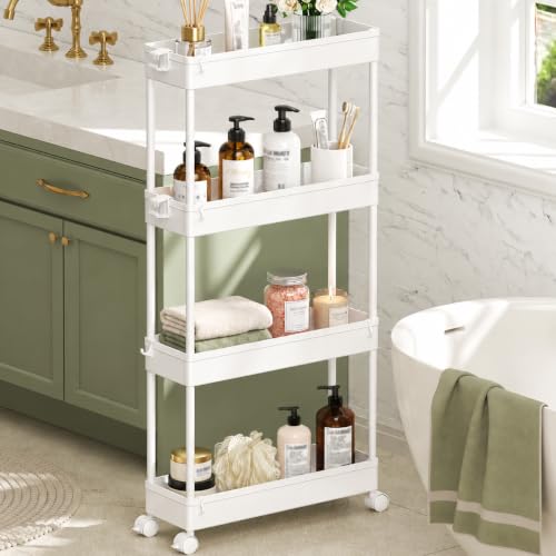 SPACEKEEPER Slim Rolling Storage Cart, 4 Tier Bathroom Cart Organizer,White