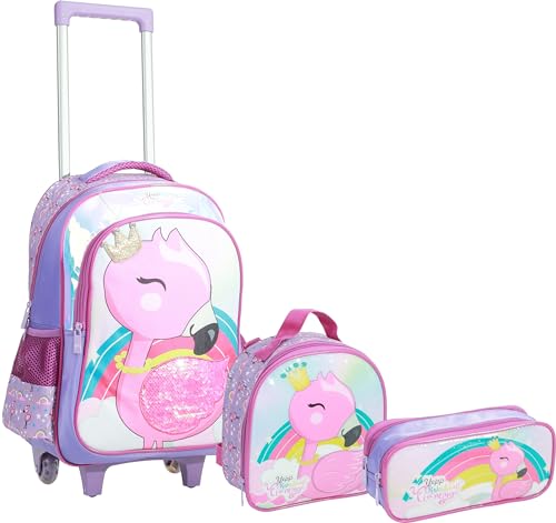 Kit Mochila de Rodinha Lancheira Térmica e Estojo Duplo Flamingo Yepp MIF5329 (Lilás)
