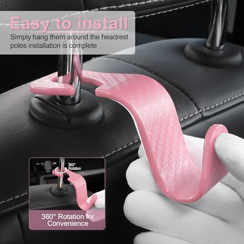 Image of LivTee Car Purse Hook, Headrest Hook for Car, 4 Pack Universal Auto Car Seat Headrest Hook Hangers Organizer for Purse Coat Umbrellas Grocery Bags Handbag, Car Accessories - Carbon Fiber Pink