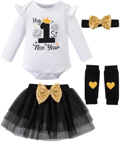 Nwnip Newborn Baby Girls My 1st New Year's Outfit Long Sleeve Romper Tulle Tutu Skirt Set (Black, 3-6 Months)