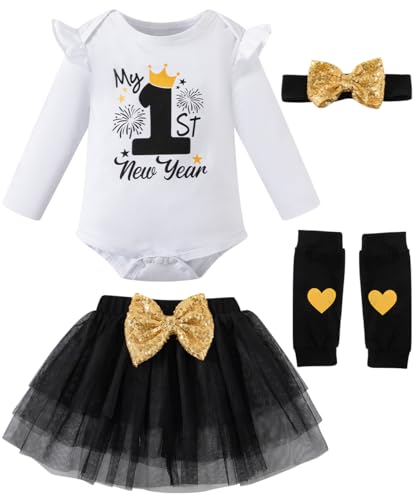 Nwnip Newborn Baby Girls My 1st New Years Outfit Long Sleeve Romper Tulle Tutu Skirt Set (Black 3-6 Months)