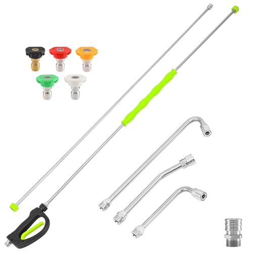 M MINGLE Pressure Washer Extension Wand 120 Inch Stainless Steel Power Washer Lance with Threaded Connection Custom Reverse Trigger Gun 5 Nozzles 30/90/120 Curved Rods 4000 PSI